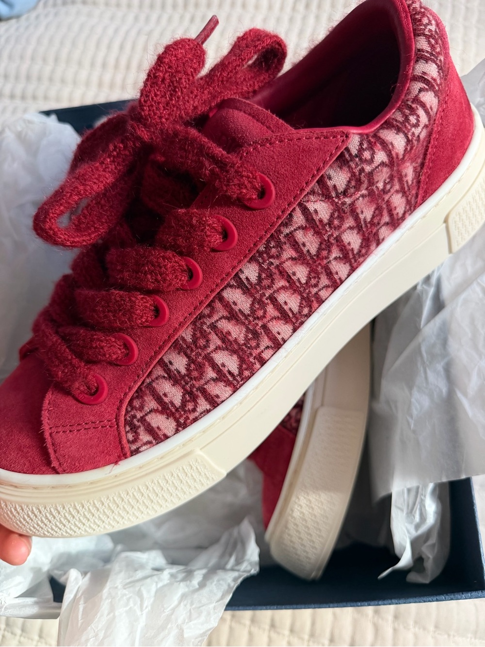 Dior B33 Oblique Mohair & Suede Red Low Top Sneakers 42 1/2 USA 9.5